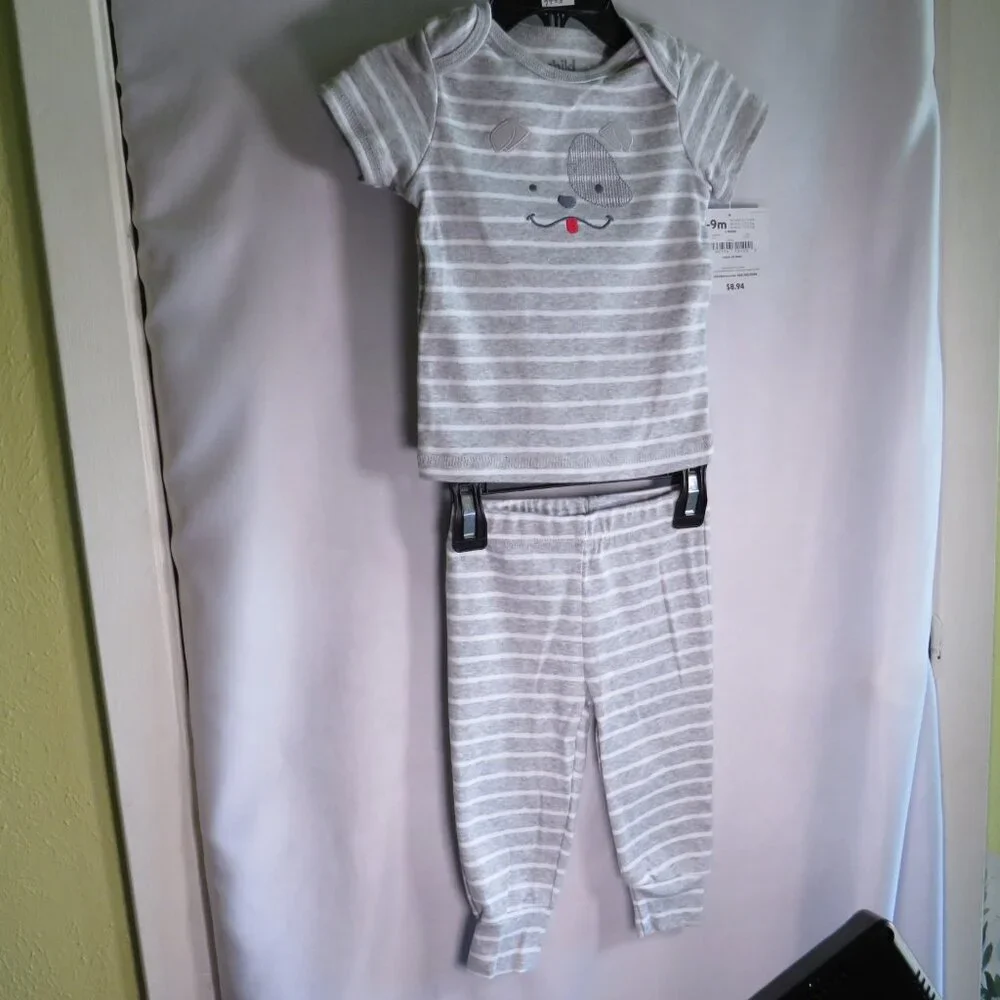 Baby Dog Gray Striped Embroidered 2pc 6-9mts top & pants Child of Mine Carter's